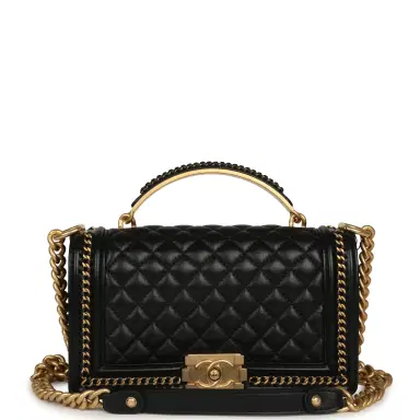 Chanel Chanel Medium Top Handle Braided Boy Bag Black Shiny Lambskin Antique Gold Hardware | Thumbnail 1 Chanel Chanel Medium Top Handle Braided Boy Bag Black Shiny Lambskin Antique Gold Hardware | Thumbnail 1