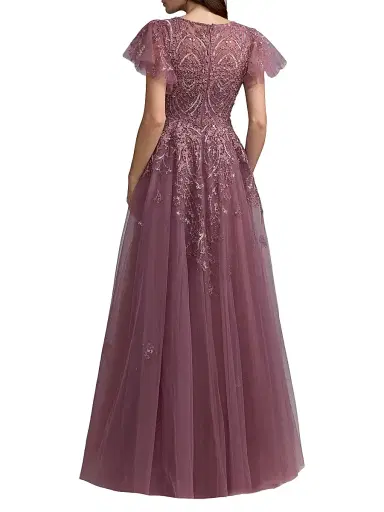 Mac Duggal Women's Embroidered Tulle Flutter Sleeve Gown | Thumbnail 2 Mac Duggal Women's Embroidered Tulle Flutter Sleeve Gown | Thumbnail 2