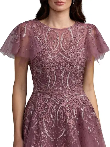 Mac Duggal Women's Embroidered Tulle Flutter Sleeve Gown | Thumbnail 3 Mac Duggal Women's Embroidered Tulle Flutter Sleeve Gown | Thumbnail 3