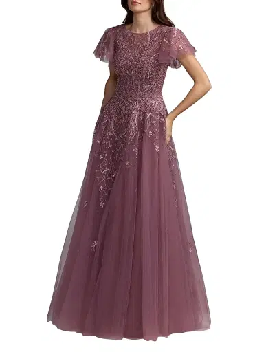 Mac Duggal Women's Embroidered Tulle Flutter Sleeve Gown | Thumbnail 1 Mac Duggal Women's Embroidered Tulle Flutter Sleeve Gown | Thumbnail 1