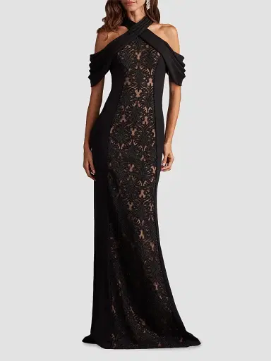 Tadashi Shoji Women's Cold-Shoulder Corded Lace Gown - Black Beige - Size 14 | Thumbnail 3 Tadashi Shoji Women's Cold-Shoulder Corded Lace Gown - Black Beige - Size 14 | Thumbnail 3