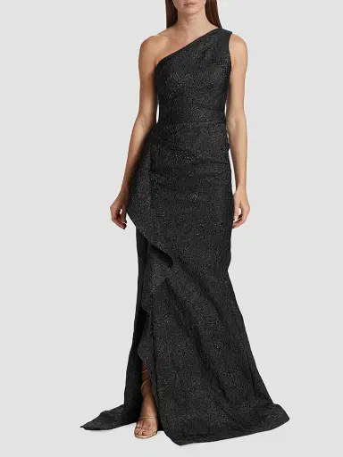 Teri Jon by Rickie Freeman Women's Metallic Jacquard One-Shoulder Gown - Black - Size 18 | Thumbnail 2 Teri Jon by Rickie Freeman Women's Metallic Jacquard One-Shoulder Gown - Black - Size 18 | Thumbnail 2