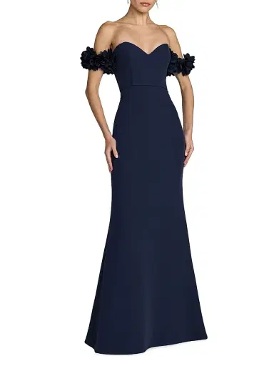 Mac Duggal Women's Crepe 3D Flower Off-The-Shoulder Gown | Thumbnail 1 Mac Duggal Women's Crepe 3D Flower Off-The-Shoulder Gown | Thumbnail 1