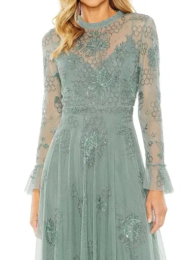 Mac Duggal Women's Tiered Embellished Mesh Flutter-Sleeve Gown - Spruce - Size 18 | Thumbnail 3 Mac Duggal Women's Tiered Embellished Mesh Flutter-Sleeve Gown - Spruce - Size 18 | Thumbnail 3