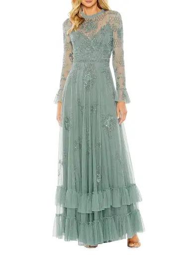 Mac Duggal Women's Tiered Embellished Mesh Flutter-Sleeve Gown - Spruce - Size 18 | Thumbnail 1 Mac Duggal Women's Tiered Embellished Mesh Flutter-Sleeve Gown - Spruce - Size 18 | Thumbnail 1