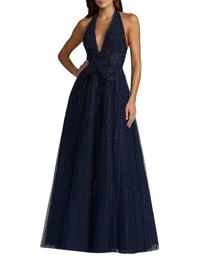 Mac Duggal Women's Beaded Mesh Fit-&-Flare Gown | Thumbnail 1 Mac Duggal Women's Beaded Mesh Fit-&-Flare Gown | Thumbnail 1