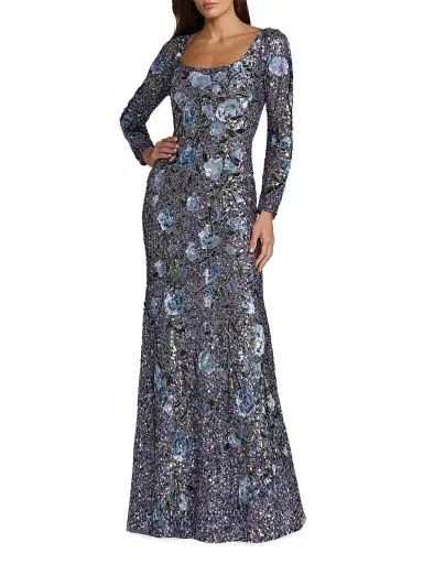 Mac Duggal Women's Floral Beaded Mesh Gown | Thumbnail 1 Mac Duggal Women's Floral Beaded Mesh Gown | Thumbnail 1