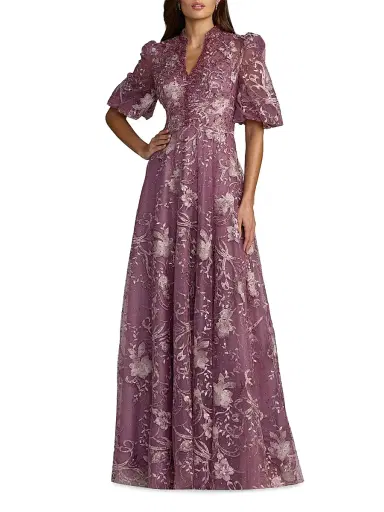 Mac Duggal Women's Floral-Embroidered Puff A-Line Gown | Thumbnail 1 Mac Duggal Women's Floral-Embroidered Puff A-Line Gown | Thumbnail 1