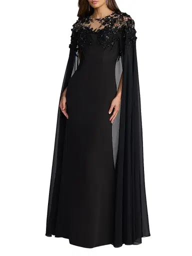 Mac Duggal Women's Chiffon Floral Embellished Cape Gown | Thumbnail 1 Mac Duggal Women's Chiffon Floral Embellished Cape Gown | Thumbnail 1