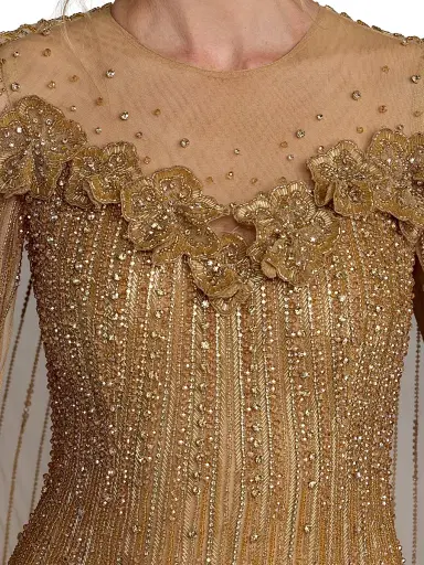 Mac Duggal Women's Floral Beaded Mesh Cape Gown - Beige Gold - Size 16 | Thumbnail 3 Mac Duggal Women's Floral Beaded Mesh Cape Gown - Beige Gold - Size 16 | Thumbnail 3