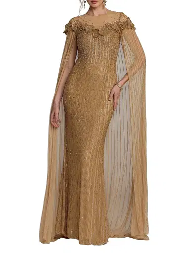 Mac Duggal Women's Floral Beaded Mesh Cape Gown - Beige Gold - Size 16 | Thumbnail 1 Mac Duggal Women's Floral Beaded Mesh Cape Gown - Beige Gold - Size 16 | Thumbnail 1