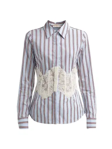 Ramy Brook Women's Alana Striped Lace-Overlay Shirt - Blue Stripe - Size 10 | Thumbnail 1 Ramy Brook Women's Alana Striped Lace-Overlay Shirt - Blue Stripe - Size 10 | Thumbnail 1