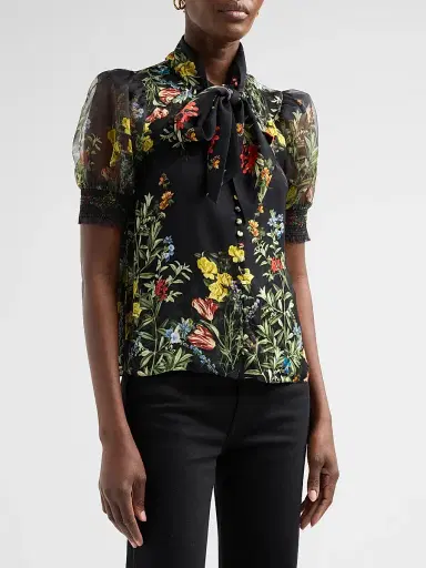 ALICE + OLIVIA Women's Brentley Floral Tie Blouse - Desert Sprigs Black | Thumbnail 4 ALICE + OLIVIA Women's Brentley Floral Tie Blouse - Desert Sprigs Black | Thumbnail 4