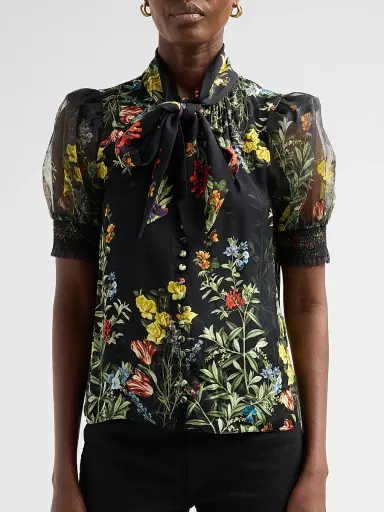 ALICE + OLIVIA Women's Brentley Floral Tie Blouse - Desert Sprigs Black | Thumbnail 5 ALICE + OLIVIA Women's Brentley Floral Tie Blouse - Desert Sprigs Black | Thumbnail 5