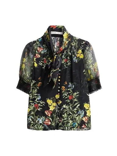ALICE + OLIVIA Women's Brentley Floral Tie Blouse - Desert Sprigs Black | Thumbnail 1 ALICE + OLIVIA Women's Brentley Floral Tie Blouse - Desert Sprigs Black | Thumbnail 1
