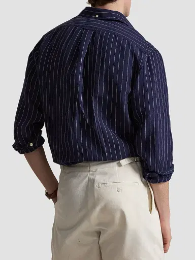 Polo Ralph Lauren Men's Classic-Fit Stripe Linen Pocket Shirt - Navy White | Thumbnail 3 Polo Ralph Lauren Men's Classic-Fit Stripe Linen Pocket Shirt - Navy White | Thumbnail 3