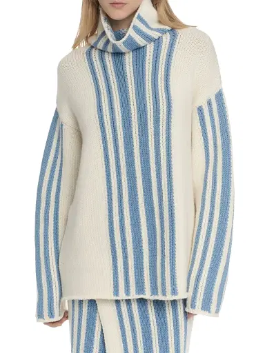 Malo Women's Striped Wool-Cashmere Oversized Turtleneck - Sale Fog Blue | Thumbnail 4 Malo Women's Striped Wool-Cashmere Oversized Turtleneck - Sale Fog Blue | Thumbnail 4