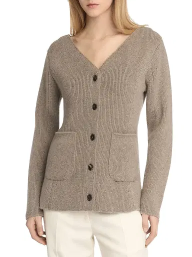 Malo Women's Rib-Knit Cashmere Pocket Cardigan - Stone Beige | Thumbnail 4 Malo Women's Rib-Knit Cashmere Pocket Cardigan - Stone Beige | Thumbnail 4