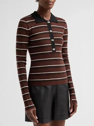 Ganni Women's Stripe Merino Wool Rib Polo Top - Size Large | Thumbnail 4 Ganni Women's Stripe Merino Wool Rib Polo Top - Size Large | Thumbnail 4