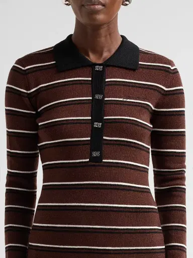 Ganni Women's Stripe Merino Wool Rib Polo Top - Size Large | Thumbnail 5 Ganni Women's Stripe Merino Wool Rib Polo Top - Size Large | Thumbnail 5