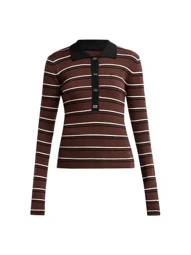 Ganni Women's Stripe Merino Wool Rib Polo Top - Size Large | Thumbnail 1 Ganni Women's Stripe Merino Wool Rib Polo Top - Size Large | Thumbnail 1