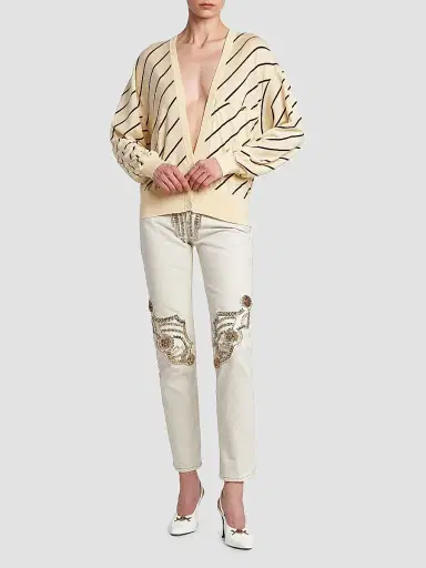 Versace Women's La Vacanza Bias Striped Wool Oversized Cardigan - Cream - Size 10 | Thumbnail 2 Versace Women's La Vacanza Bias Striped Wool Oversized Cardigan - Cream - Size 10 | Thumbnail 2