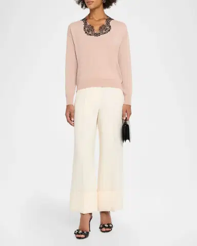 Valentino Garavani Lace-Trim V-Neck Cashmere Sweater | Thumbnail 2 Valentino Garavani Lace-Trim V-Neck Cashmere Sweater | Thumbnail 2