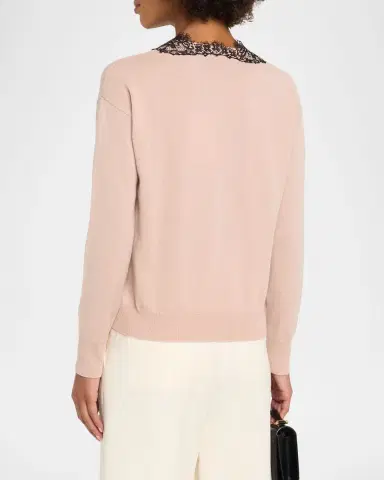 Valentino Garavani Lace-Trim V-Neck Cashmere Sweater | Thumbnail 3 Valentino Garavani Lace-Trim V-Neck Cashmere Sweater | Thumbnail 3