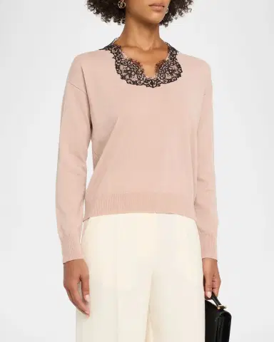 Valentino Garavani Lace-Trim V-Neck Cashmere Sweater | Thumbnail 4 Valentino Garavani Lace-Trim V-Neck Cashmere Sweater | Thumbnail 4