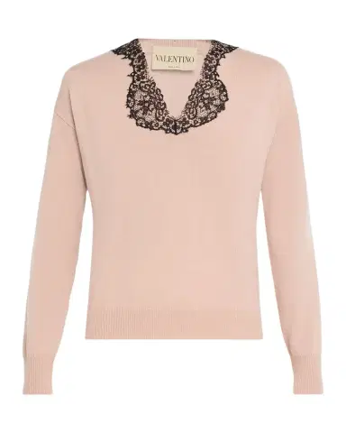 Valentino Garavani Lace-Trim V-Neck Cashmere Sweater | Thumbnail 1 Valentino Garavani Lace-Trim V-Neck Cashmere Sweater | Thumbnail 1