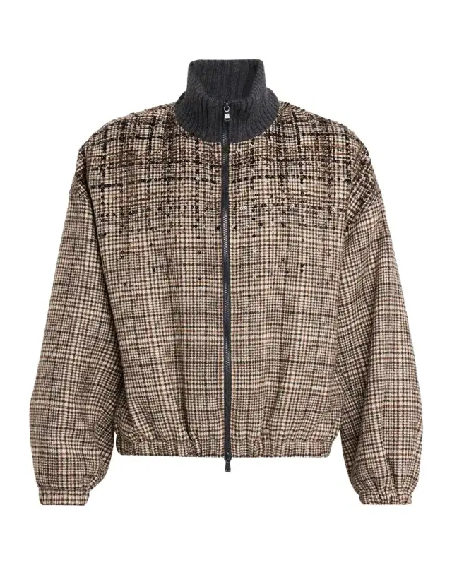 Shimmering Check Cashmere Bomber Jacket Shimmering Check Cashmere Bomber Jacket
