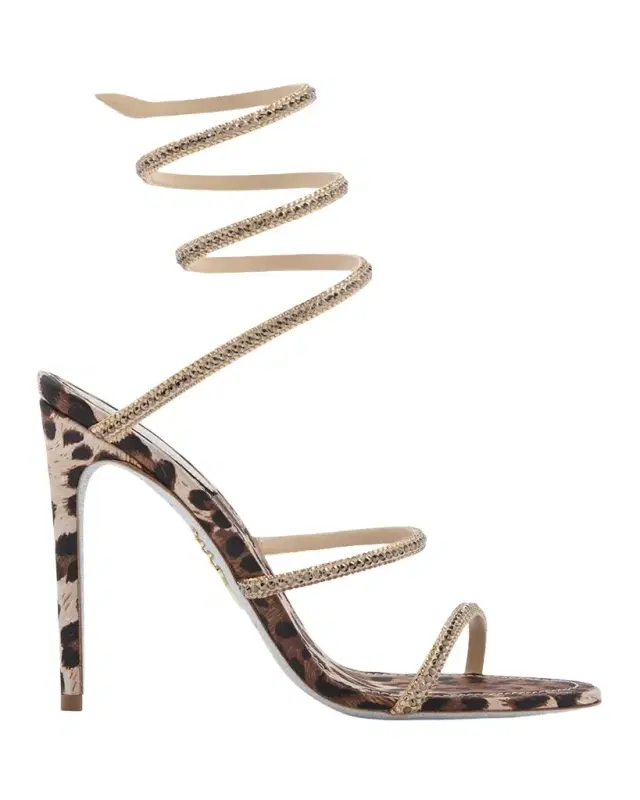 105mm Cleo Leopard Satin Crystal Snake-Wrap Sandals 105mm Cleo Leopard Satin Crystal Snake-Wrap Sandals