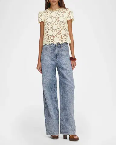 Self-Portrait Bow-Print Straight-Leg High-Rise Jeans | Thumbnail 2 Self-Portrait Bow-Print Straight-Leg High-Rise Jeans | Thumbnail 2