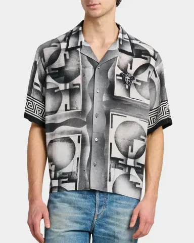 Versace Men's Silk Abstract La Greca-Trim Camp Shirt | Thumbnail 4 Versace Men's Silk Abstract La Greca-Trim Camp Shirt | Thumbnail 4