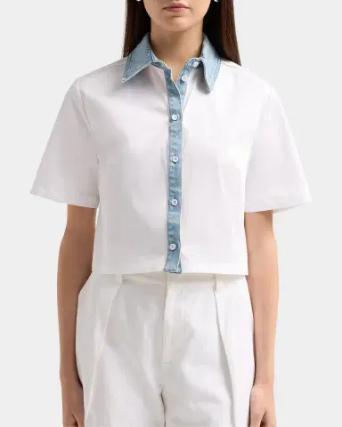 SEROYA Kelsie Stretch-Cotton Denim-Trim Top | Thumbnail 4 SEROYA Kelsie Stretch-Cotton Denim-Trim Top | Thumbnail 4