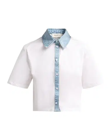 SEROYA Kelsie Stretch-Cotton Denim-Trim Top | Thumbnail 1 SEROYA Kelsie Stretch-Cotton Denim-Trim Top | Thumbnail 1