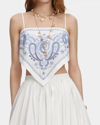 Self-Portrait Bandana Embroidered Linen-Cotton Crop Top | Thumbnail 4 Self-Portrait Bandana Embroidered Linen-Cotton Crop Top | Thumbnail 4