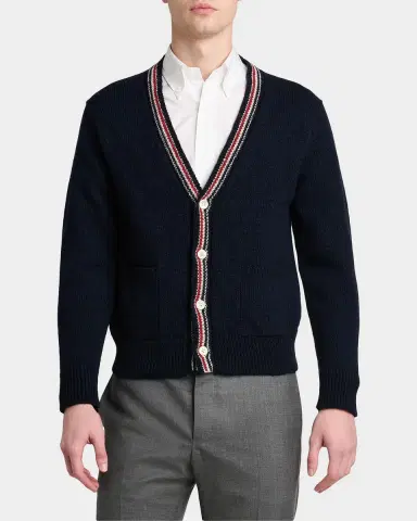 Thom Browne Men's Donegal RWB Stripe Wool-Mohair Cardigan | Thumbnail 4 Thom Browne Men's Donegal RWB Stripe Wool-Mohair Cardigan | Thumbnail 4