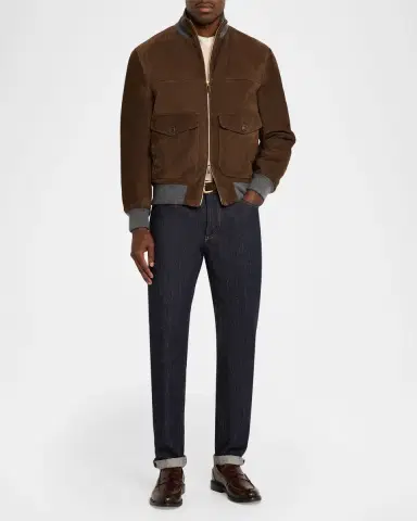 Brunello Cucinelli Men's Suede Knit-Trim Bomber Jacket | Thumbnail 2 Brunello Cucinelli Men's Suede Knit-Trim Bomber Jacket | Thumbnail 2