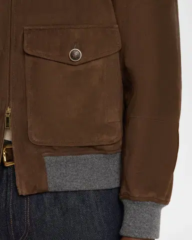Brunello Cucinelli Men's Suede Knit-Trim Bomber Jacket | Thumbnail 5 Brunello Cucinelli Men's Suede Knit-Trim Bomber Jacket | Thumbnail 5