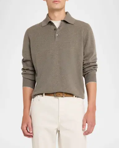 Brunello Cucinelli Men's Cashmere Knit Long-Sleeve Polo Shirt | Thumbnail 4 Brunello Cucinelli Men's Cashmere Knit Long-Sleeve Polo Shirt | Thumbnail 4