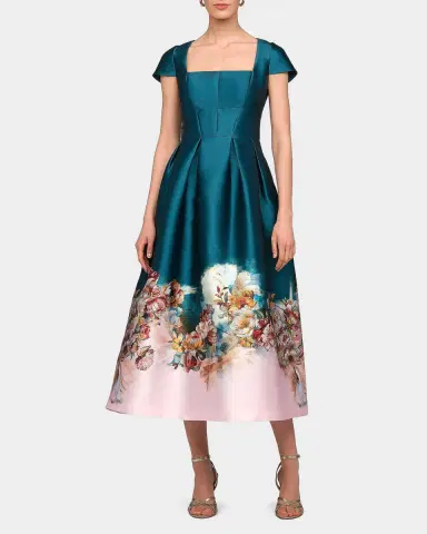 Kay Unger New York Amaya Floral Satin Tea-Length Dress | Thumbnail 2 Kay Unger New York Amaya Floral Satin Tea-Length Dress | Thumbnail 2