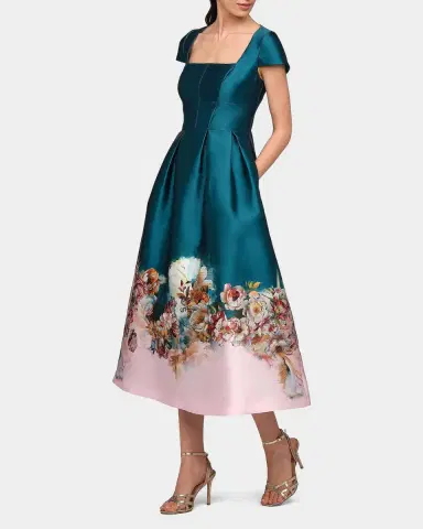 Kay Unger New York Amaya Floral Satin Tea-Length Dress | Thumbnail 6 Kay Unger New York Amaya Floral Satin Tea-Length Dress | Thumbnail 6