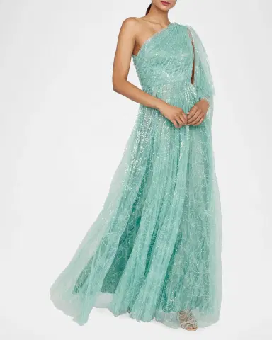 Theia Carol Sequined Tulle One-Shoulder Gown | Thumbnail 2 Theia Carol Sequined Tulle One-Shoulder Gown | Thumbnail 2