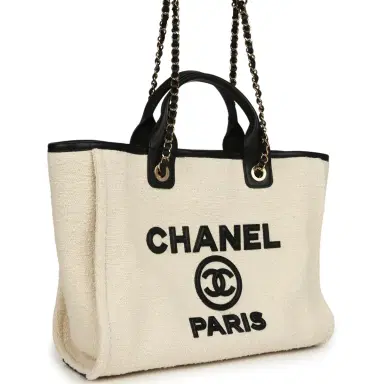 Chanel Chanel Small Deauville Shopping Tote Ecru Bouclé Tweed, Black Calfskin Gold Hardware | Thumbnail 2 Chanel Chanel Small Deauville Shopping Tote Ecru Bouclé Tweed, Black Calfskin Gold Hardware | Thumbnail 2