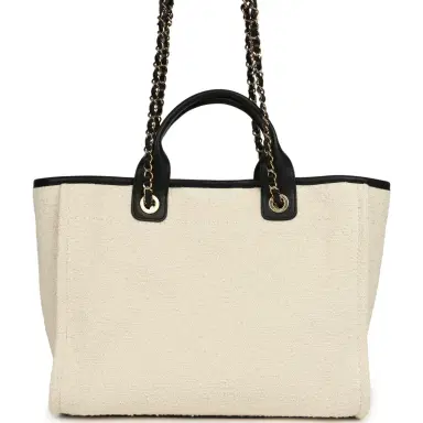 Chanel Chanel Small Deauville Shopping Tote Ecru Bouclé Tweed, Black Calfskin Gold Hardware | Thumbnail 4 Chanel Chanel Small Deauville Shopping Tote Ecru Bouclé Tweed, Black Calfskin Gold Hardware | Thumbnail 4