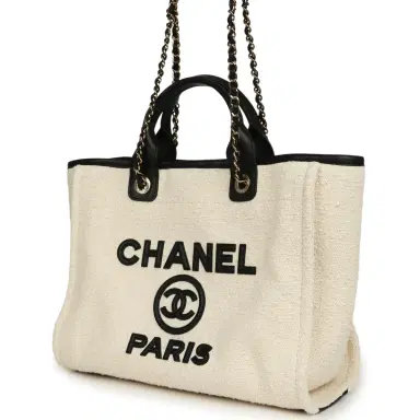 Chanel Chanel Small Deauville Shopping Tote Ecru Bouclé Tweed, Black Calfskin Gold Hardware | Thumbnail 5 Chanel Chanel Small Deauville Shopping Tote Ecru Bouclé Tweed, Black Calfskin Gold Hardware | Thumbnail 5