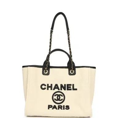 Chanel Chanel Small Deauville Shopping Tote Ecru Bouclé Tweed, Black Calfskin Gold Hardware | Thumbnail 6 Chanel Chanel Small Deauville Shopping Tote Ecru Bouclé Tweed, Black Calfskin Gold Hardware | Thumbnail 6