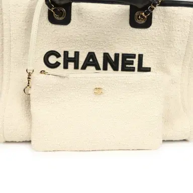 Chanel Chanel Small Deauville Shopping Tote Ecru Bouclé Tweed, Black Calfskin Gold Hardware | Thumbnail 8 Chanel Chanel Small Deauville Shopping Tote Ecru Bouclé Tweed, Black Calfskin Gold Hardware | Thumbnail 8