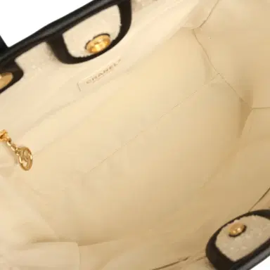 Chanel Chanel Small Deauville Shopping Tote Ecru Bouclé Tweed, Black Calfskin Gold Hardware | Thumbnail 9 Chanel Chanel Small Deauville Shopping Tote Ecru Bouclé Tweed, Black Calfskin Gold Hardware | Thumbnail 9